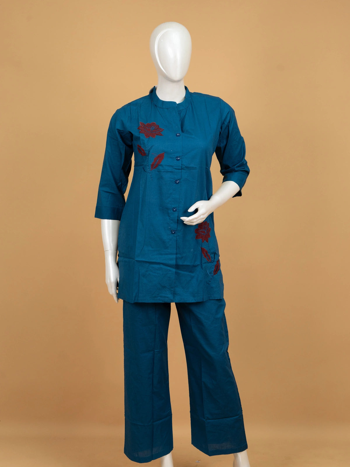 Teal Blue Cotton Floral Embroidered Co-ord Kurti Set with maroon lotus applique