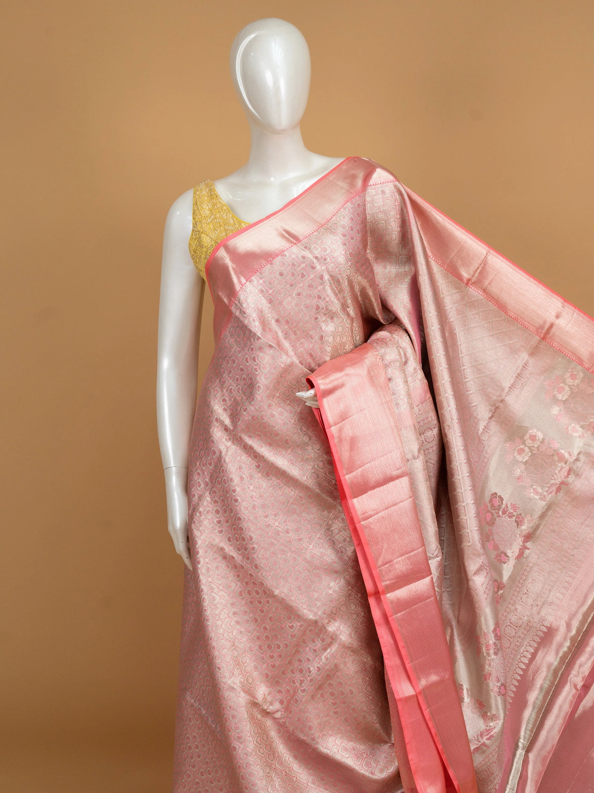 Rose pink Pure Kanchipuram silk saree with silver zari jaal body, contrast border and floral zari pallu