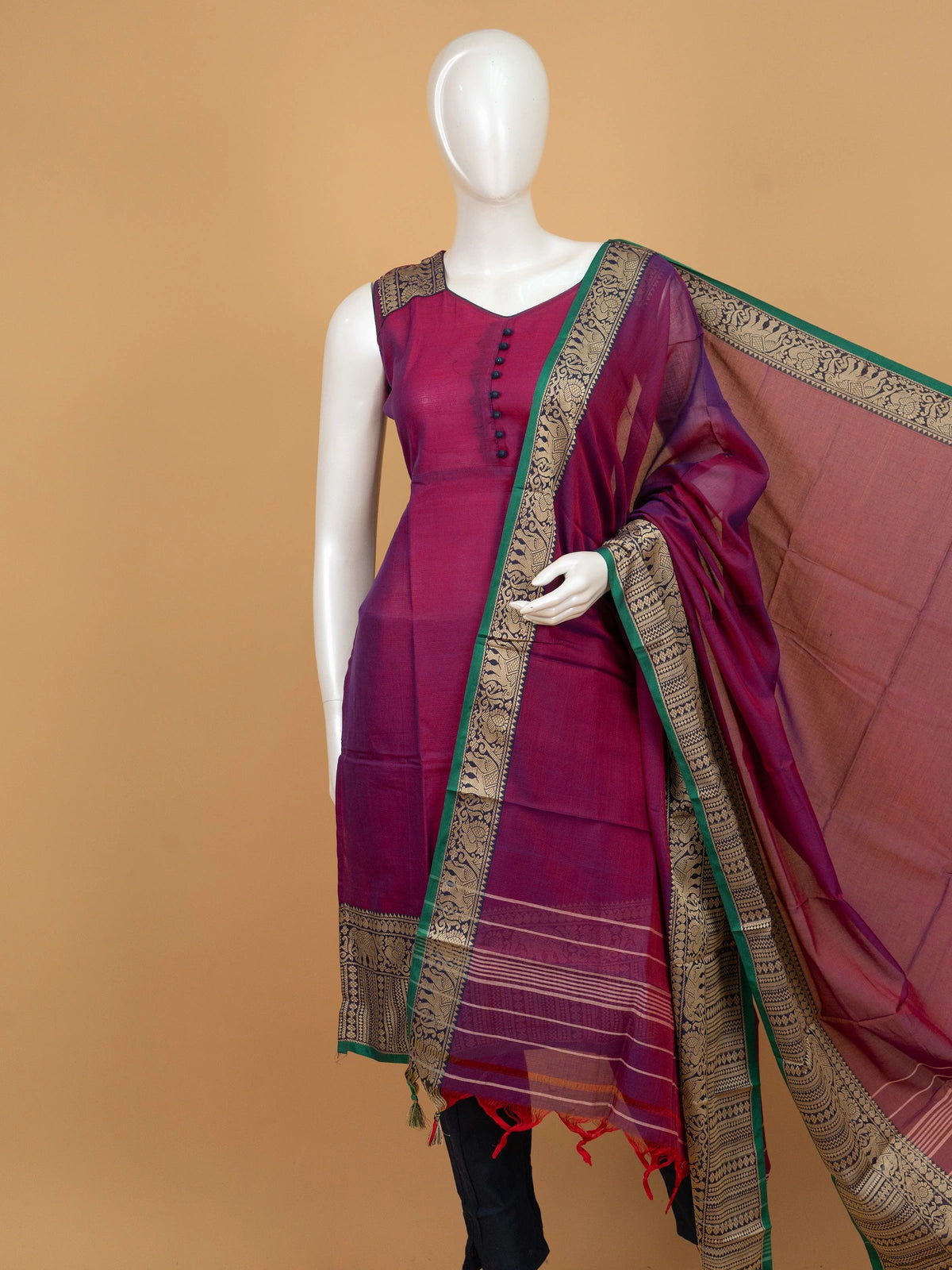 Magenta cotton silk straight cut kurti set with zari elephant motif border and matching dupatta