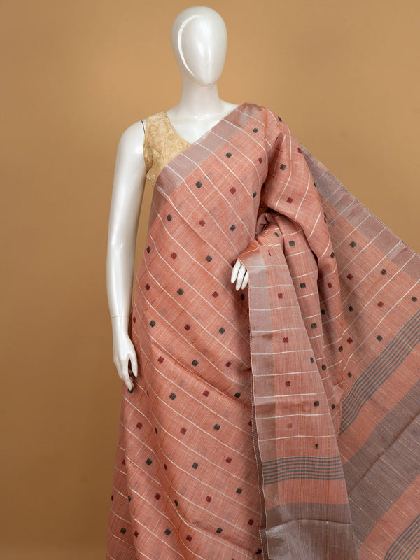 Peach and grey linen cotton saree with woven checks, buttis and contrast border