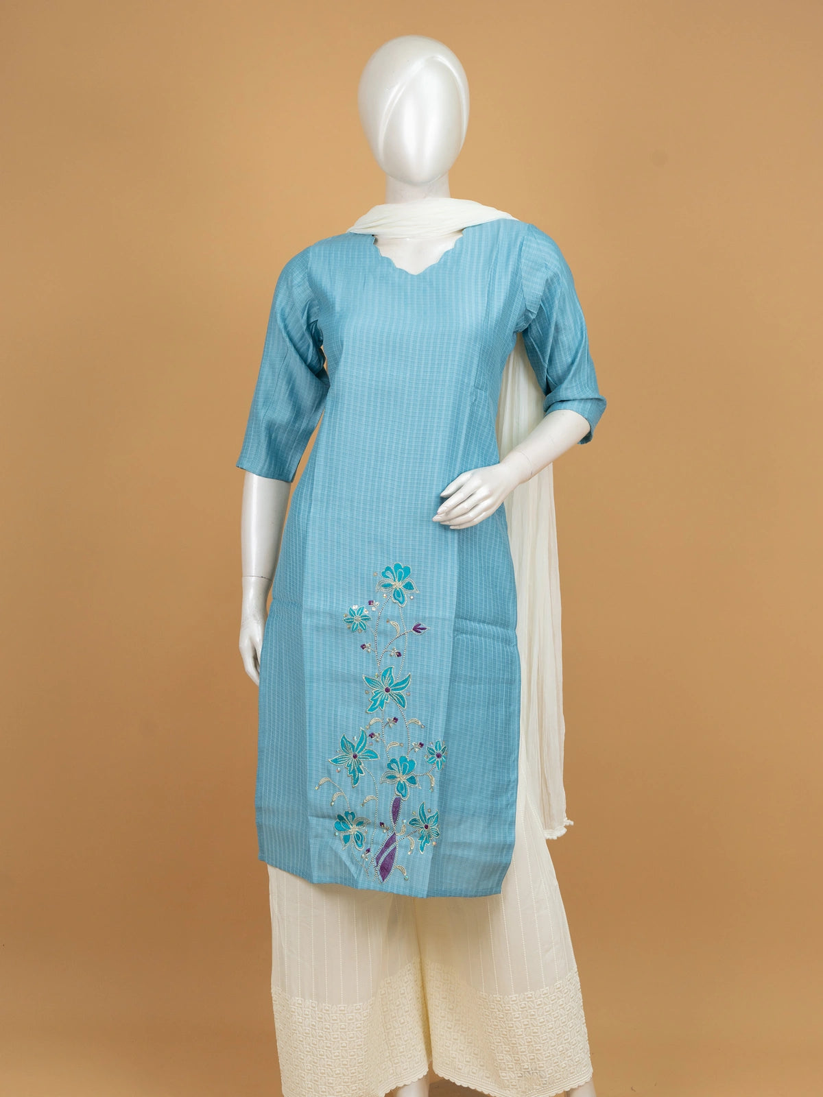 Sky Blue floral embroidered cotton Anarkali kurti top with teal and purple thread work