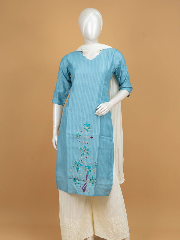 Sky Blue floral embroidered cotton Anarkali kurti top with teal and purple thread work