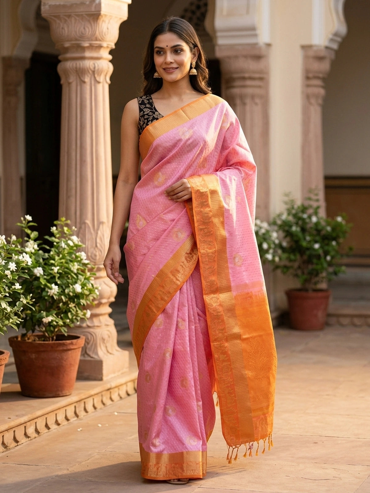 Pink and Mustard Orange Vaira Oosi Design Semi Silk Saree