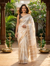 Cream and Gold Semi Raw Silk Saree