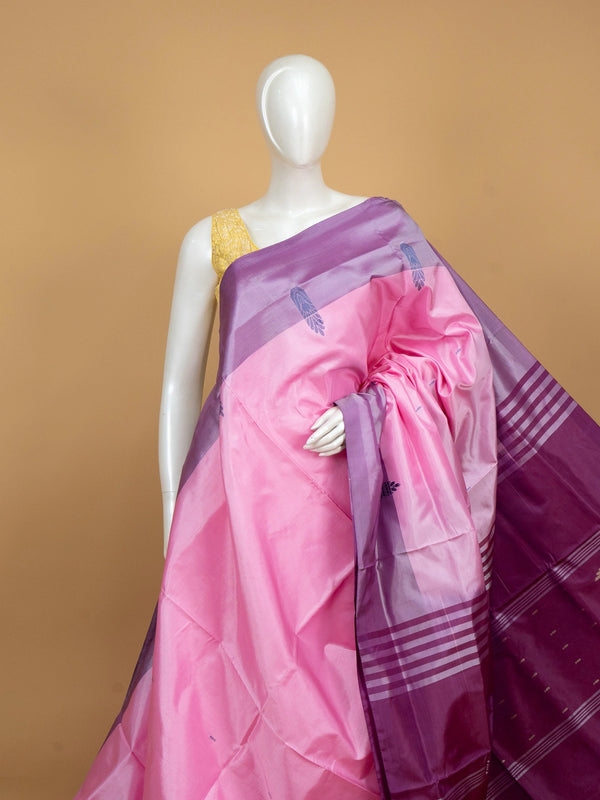 Pink and purple Banana Silk saree with contrast border and gold zari pallu