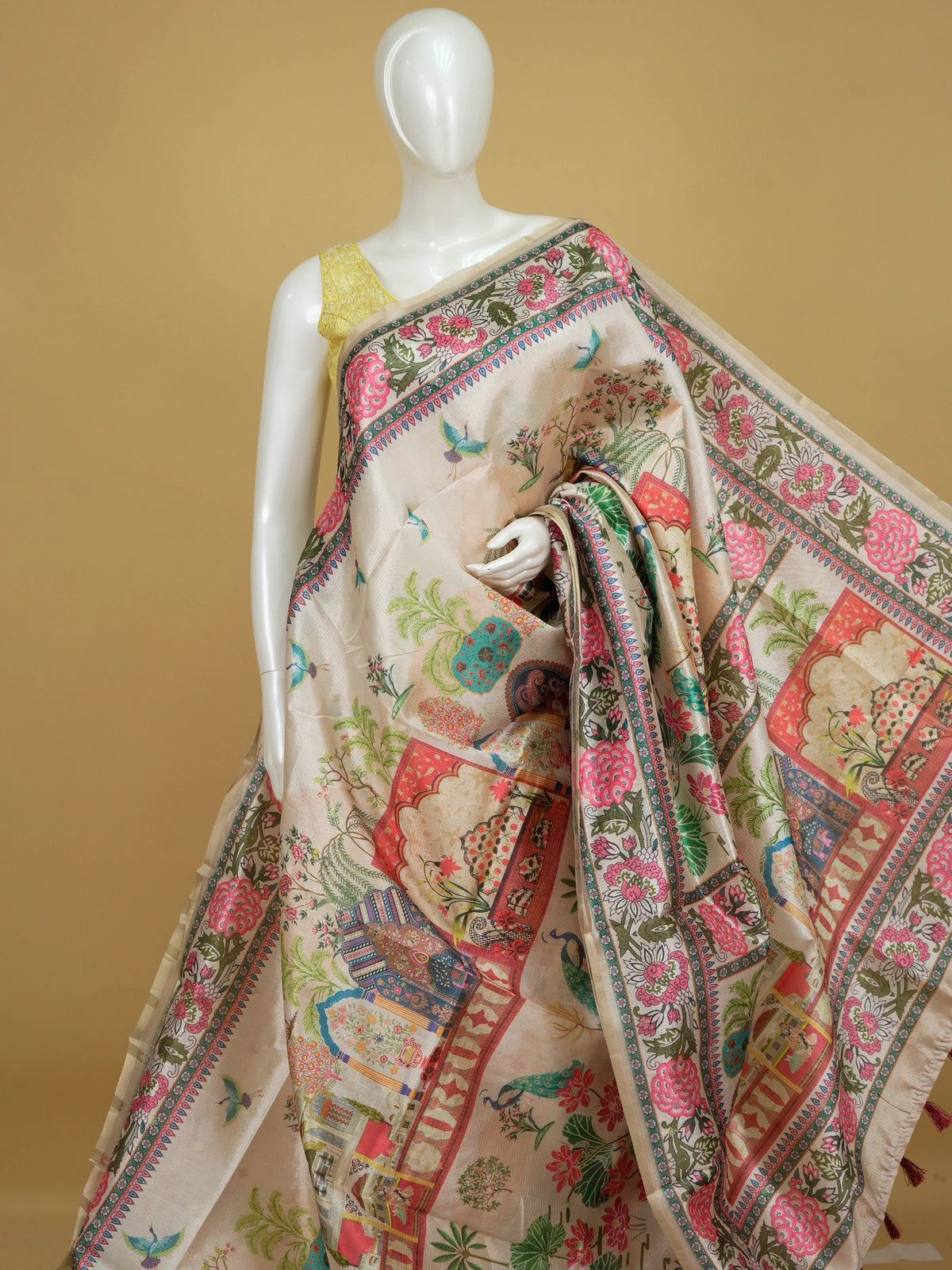 Cream semi tussar saree with pink floral Mughal garden print, peacock and lotus motifs and gold zari border