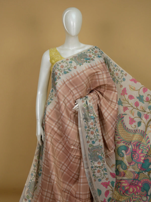 Peach beige and cream linen cotton saree with Kalamkari peacock pallu and checked body