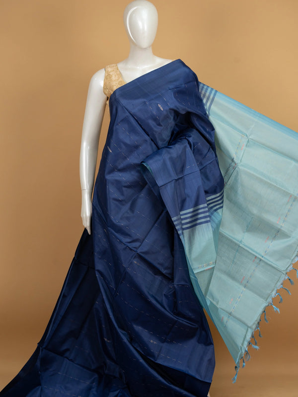 Navy blue banana silk saree with sky-blue contrast pallu, zari stripes and striped border