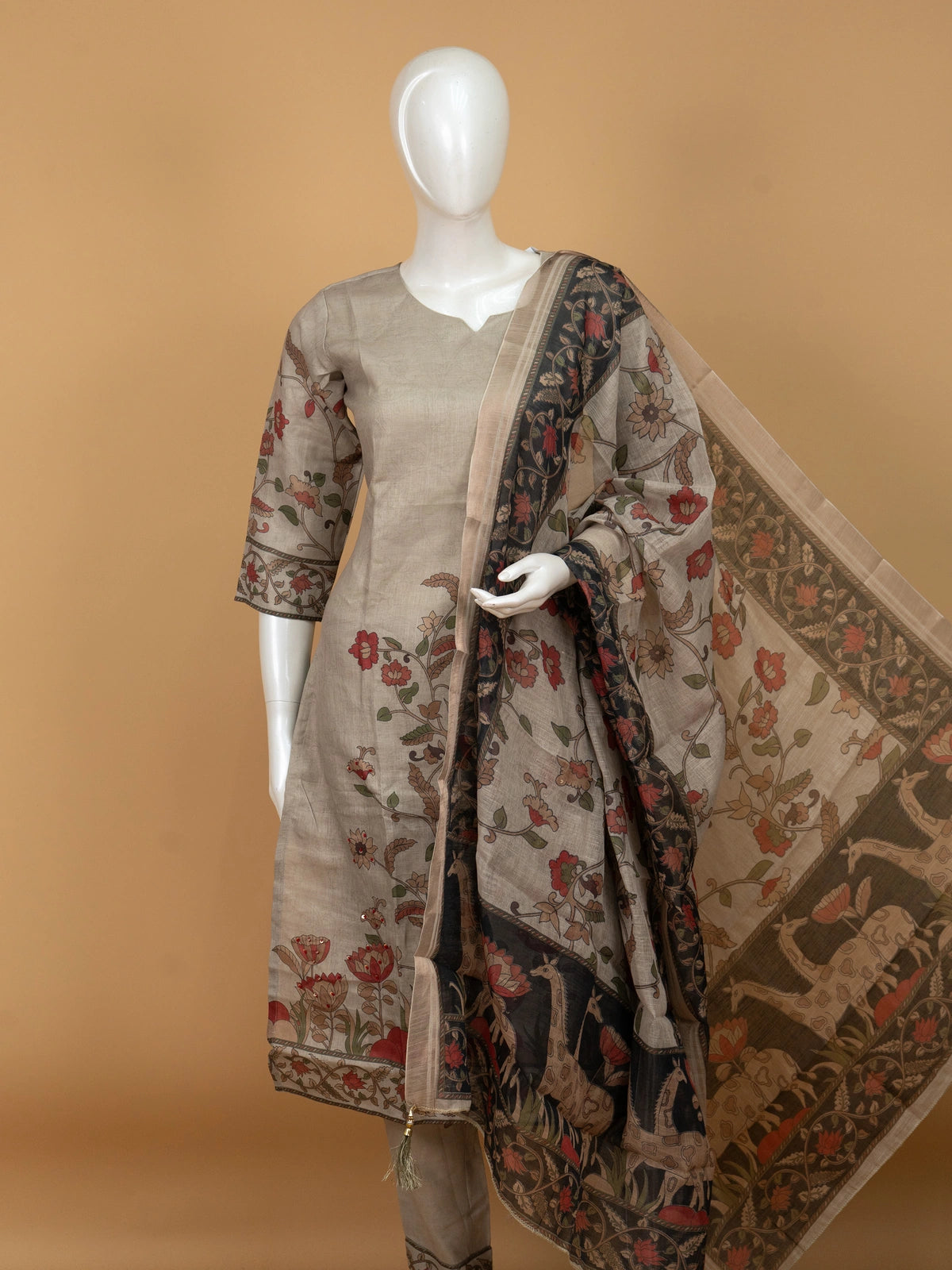 Beige Kalamkari floral cotton straight cut kurti set with black printed dupatta and pants