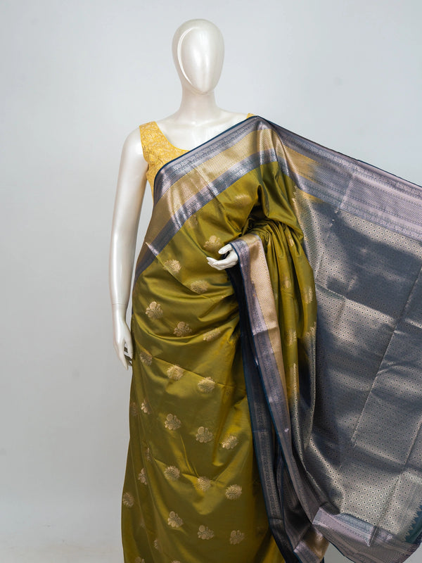 Olive green semi silk saree with teal blue contrast zari border and zari butta motifs