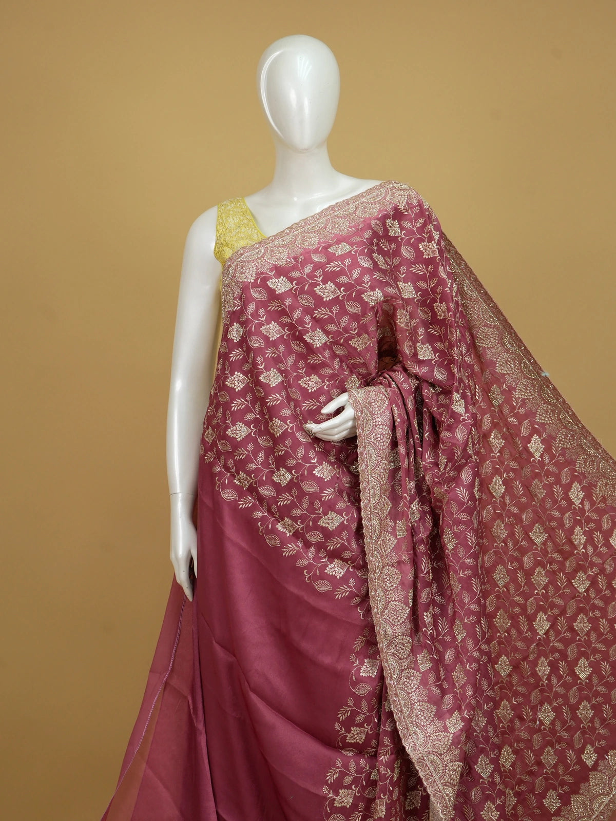 Mauve pink organza designer saree with gold floral zari embroidery and scalloped border