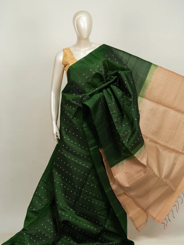 Dark green Kanchipuram pure mix saree with checked body and contrast beige-gold zari pallu and border