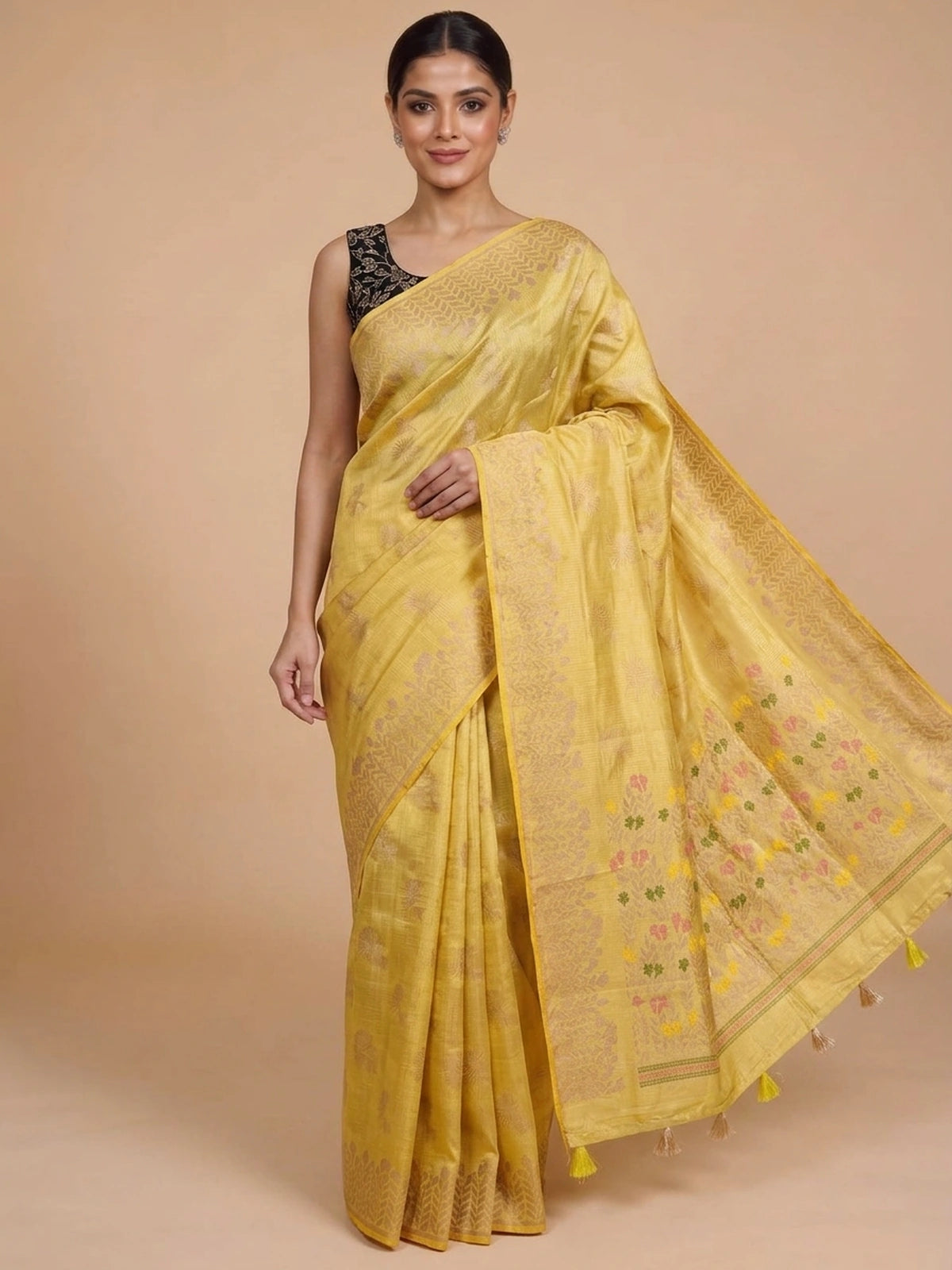 Yellow semi raw silk saree with zari leaf border and multicolour floral pallu