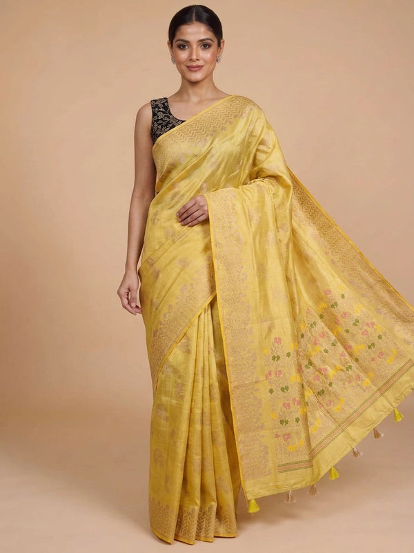 Yellow semi raw silk saree with zari leaf border and multicolour floral pallu