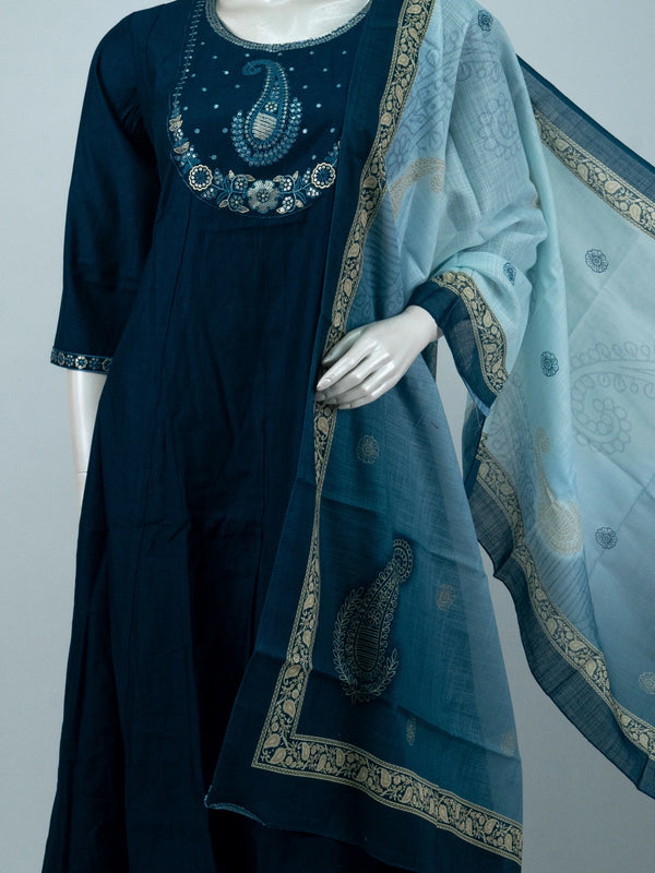 Teal blue cotton embroidered A-line kurti set with light blue printed dupatta