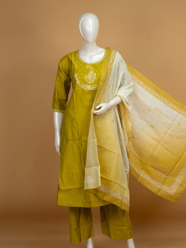 Mehndi green embroidered cotton silk A-line kurti set with cream printed dupatta and straight pants