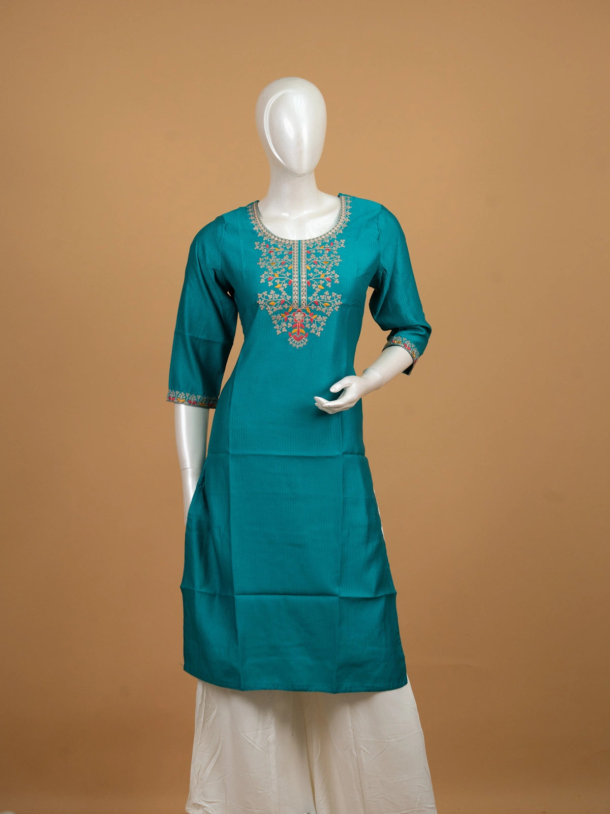 Teal embroidered cotton blend straight cut kurti top with floral zari neckline embroidery