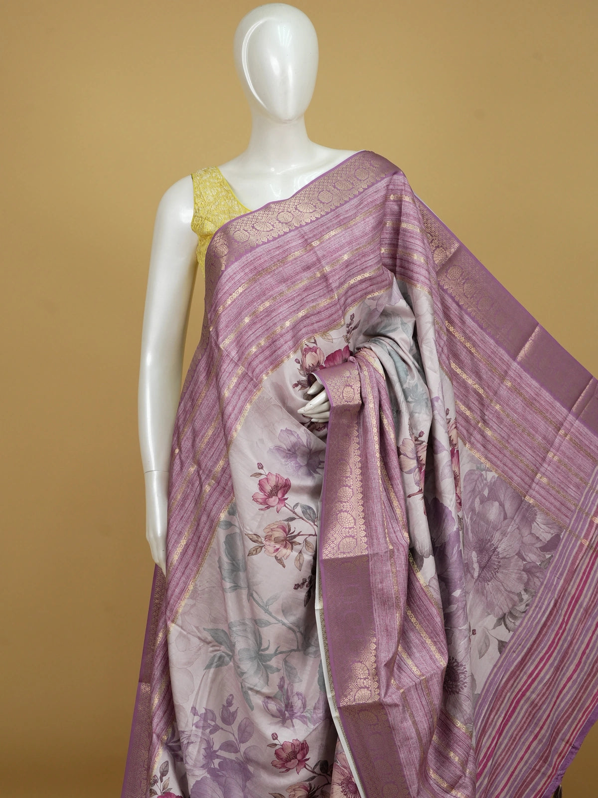 Lilac and mauve floral Dola silk saree with gold zari border and printed pallu