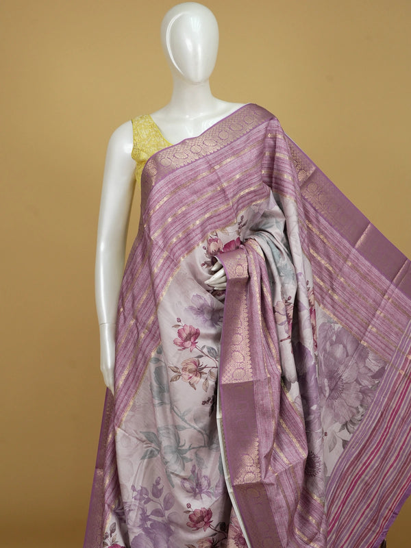 Lilac and mauve floral Dola silk saree with gold zari border and printed pallu