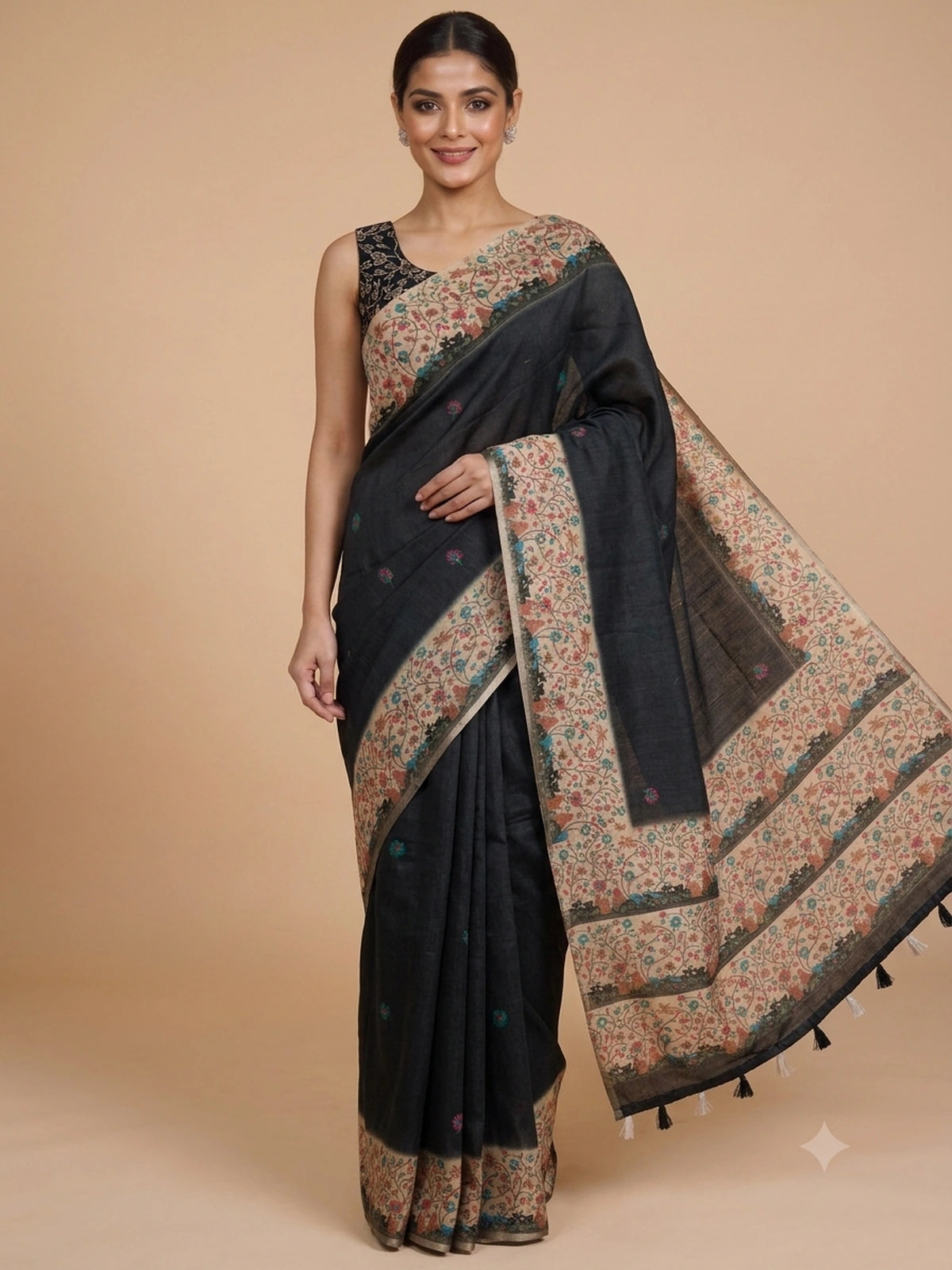 Black and Cream Linen Cotton Saree