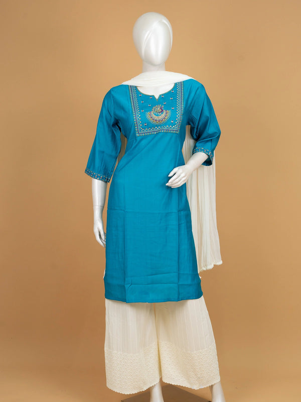 Teal Blue peacock embroidered cotton silk Anarkali kurti top with zari and sequin yoke work