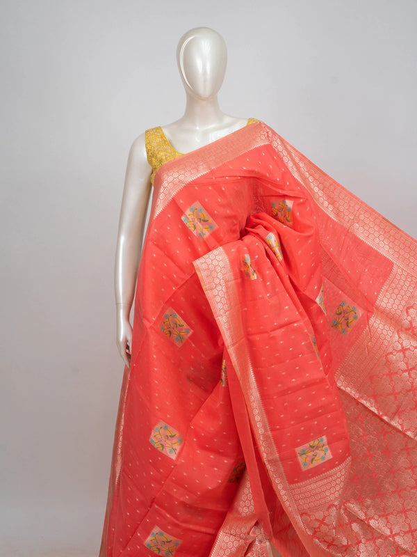 Coral linen cotton saree with silver zari border, floral butti motifs and trellis-work pallu