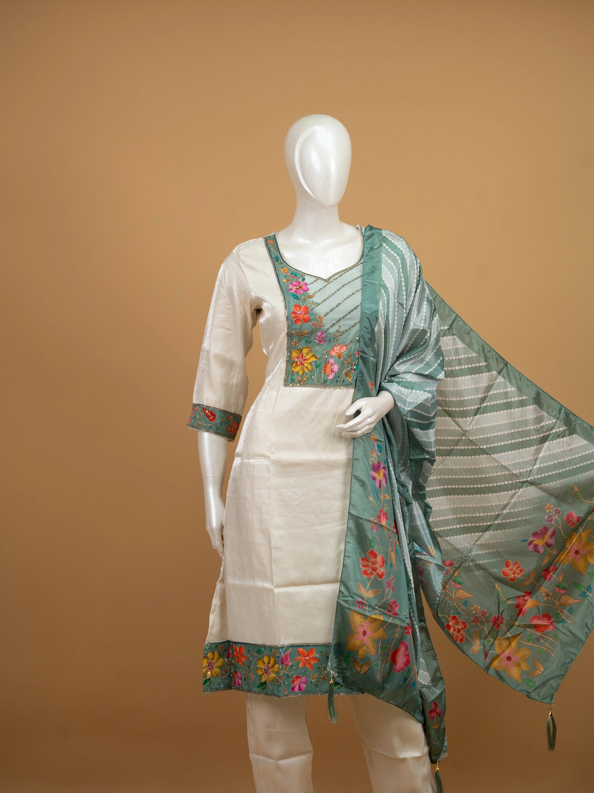 Off-White silk blend straight cut kurti set with sage green floral hand-painted embroidered yoke and matching dupatta