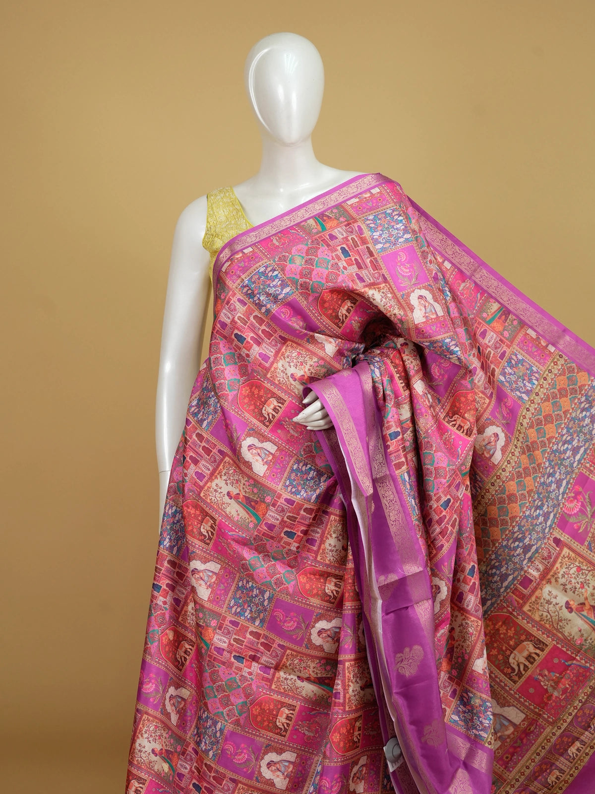 Magenta pink Dola silk saree with Mughal patchwork print and gold zari border