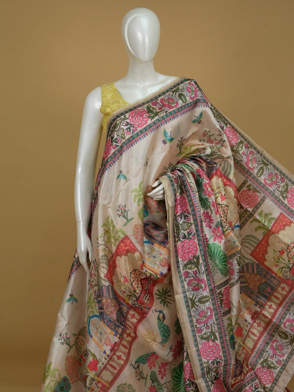 Cream semi tussar saree with multicolour Mughal-garden digital print, peacock and lotus motifs and floral border