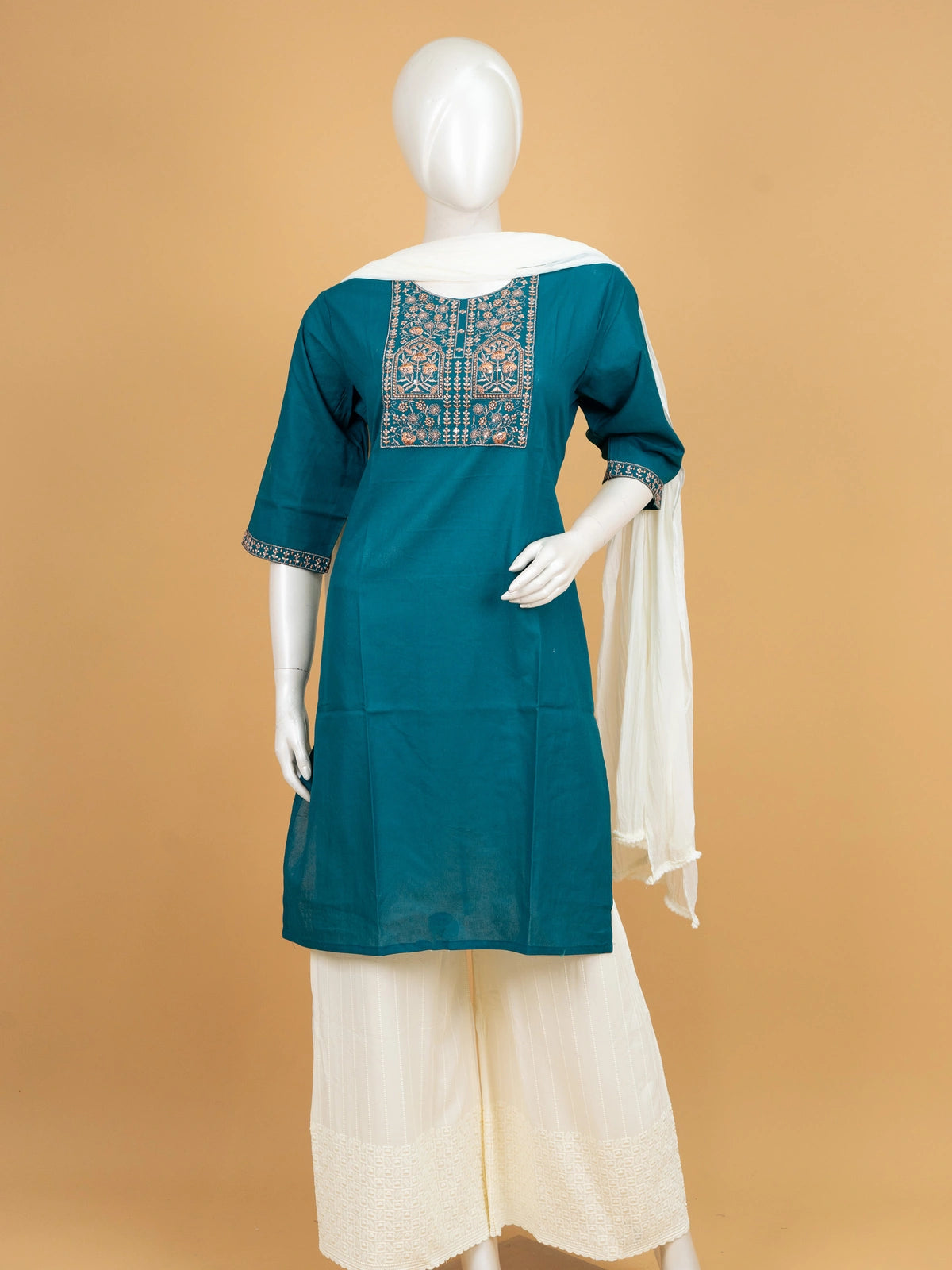 Teal Blue cotton Anarkali kurti top with copper and cream floral embroidered yoke