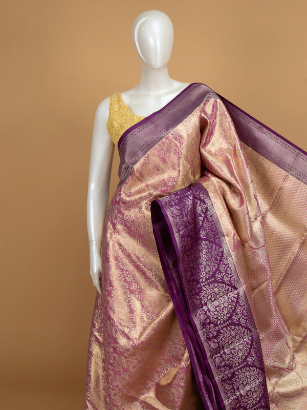 Rose gold and purple pure Kanchipuram silk saree with gold zari floral jaal body and contrast purple peacock border