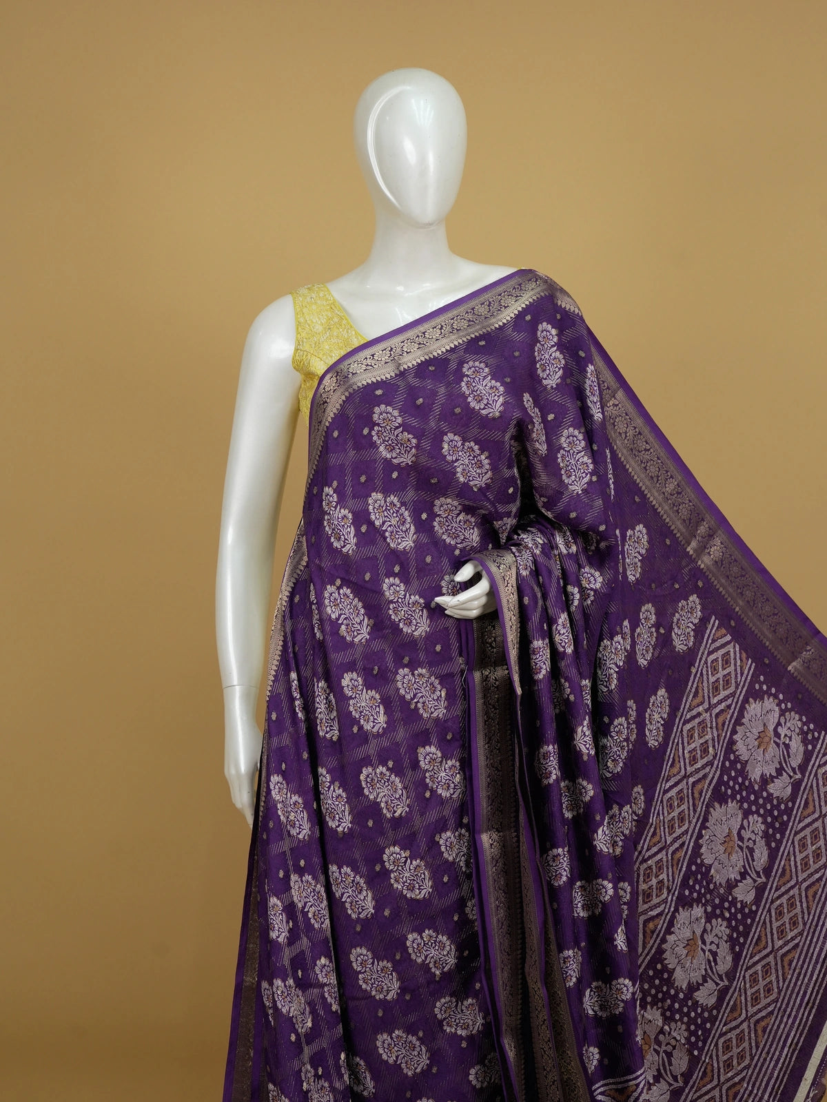 Purple art silk designer saree with white and gold floral buttas and zari border