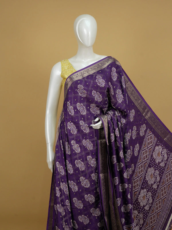 Purple art silk designer saree with white and gold floral buttas and zari border