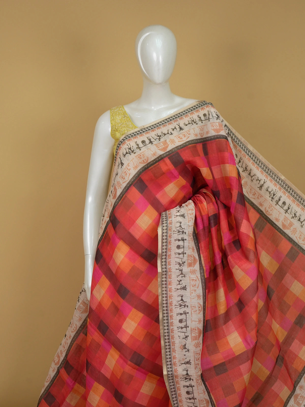 Red and cream multicolour checked linen cotton saree with Warli-print border and pallu
