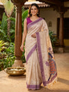 Cream and Lavender Linen Cotton Saree
