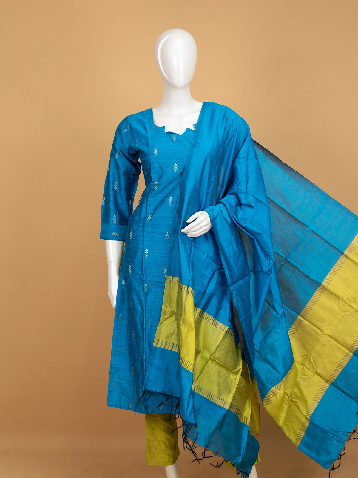 Teal Blue Art Silk zari buti straight cut kurti set with lime green pants and contrast bordered dupatta