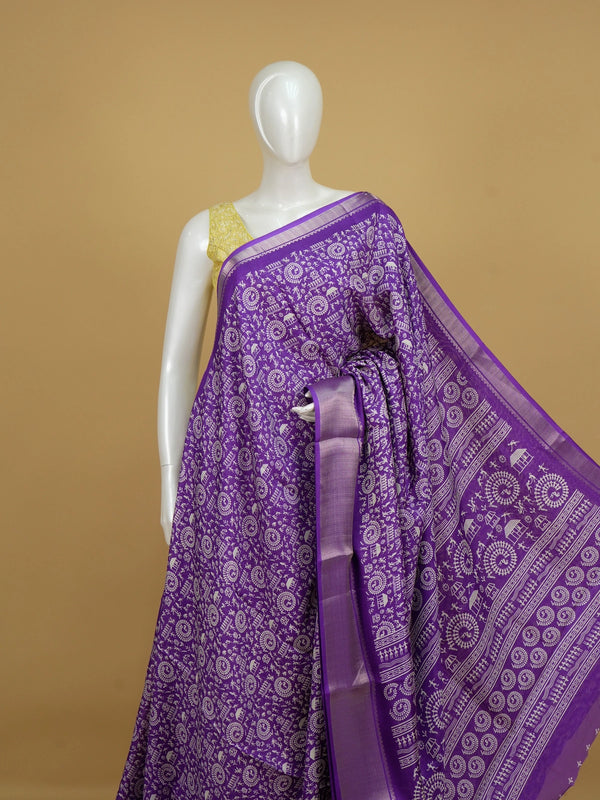 Purple Dola silk saree with white Warli tribal print and silver zari border