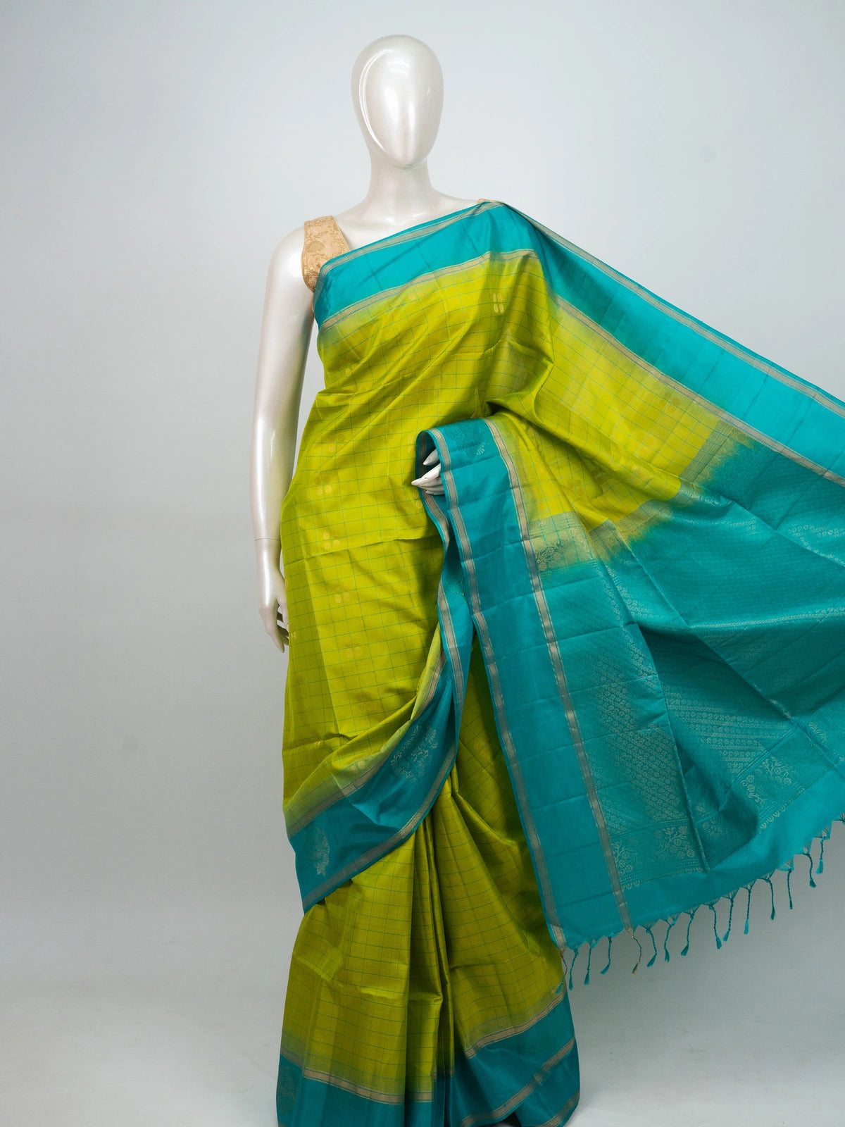 Lime Green and Teal Blue Soft Silk Saree