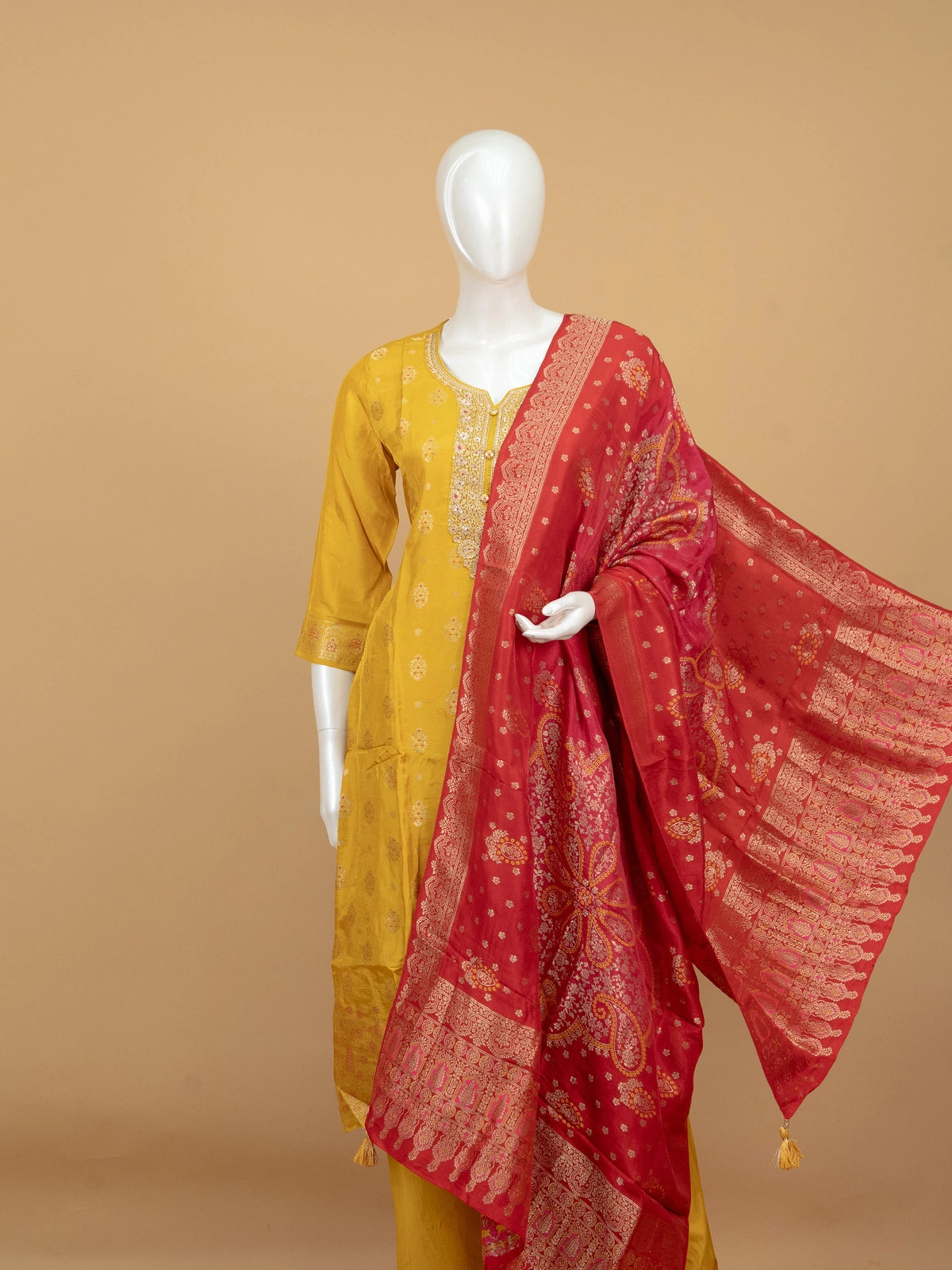 Mustard yellow zari woven silk straight cut kurti set with red woven dupatta and matching straight pants