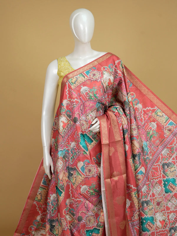 Coral pink Dola silk saree with Mughal-inspired multicolour print and gold zari border