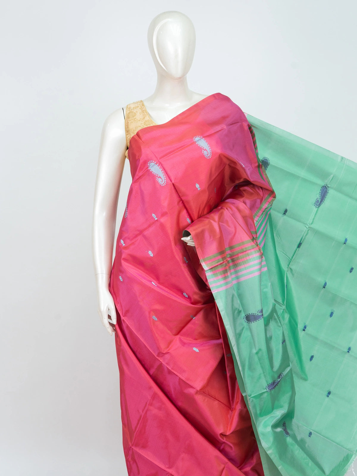 Pink Banana Silk saree with silver paisley buttas and contrast green pallu and blouse