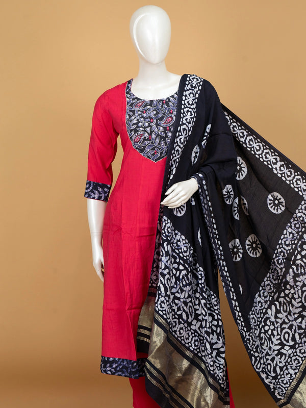 Red cotton A-line kurti set with navy batik embroidered yoke and black batik dupatta
