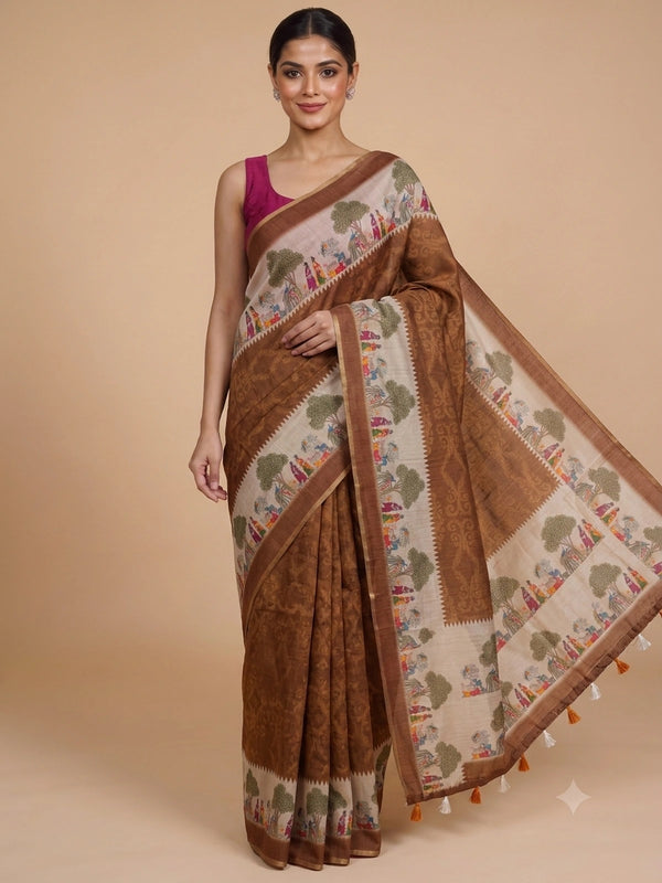 Brown and cream linen cotton saree with pichwai-style printed border, ikat body and contrast black blouse