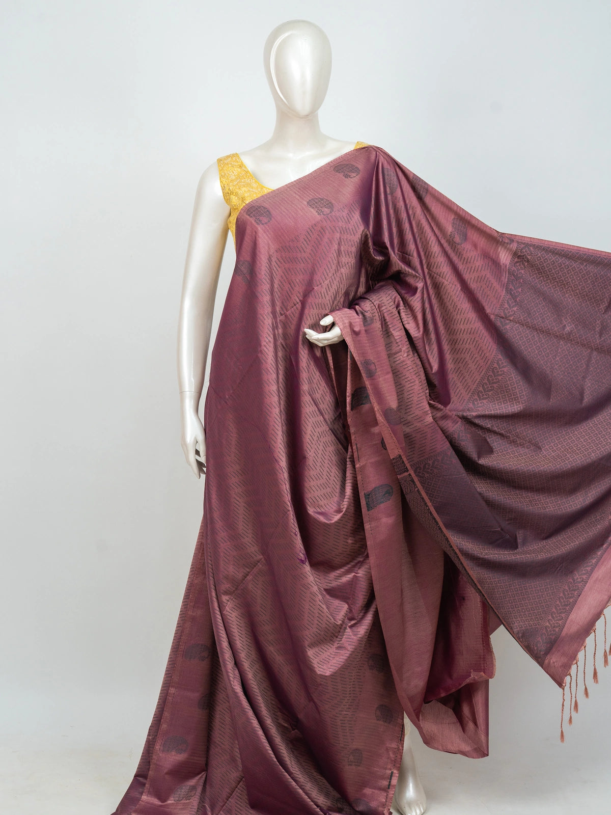Dusty mauve pink semi silk saree with dark paisley buttas and contrast maroon lattice border