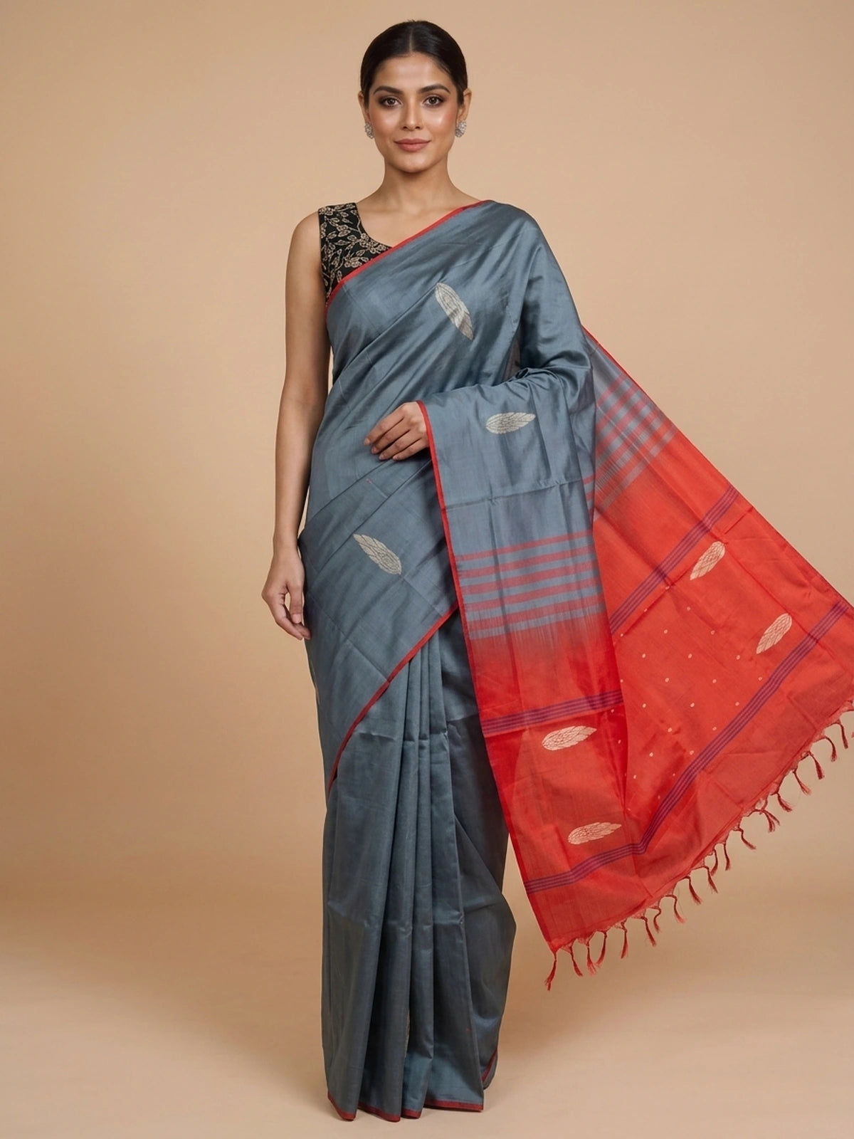 Grey and Red Banana Silk Sarees