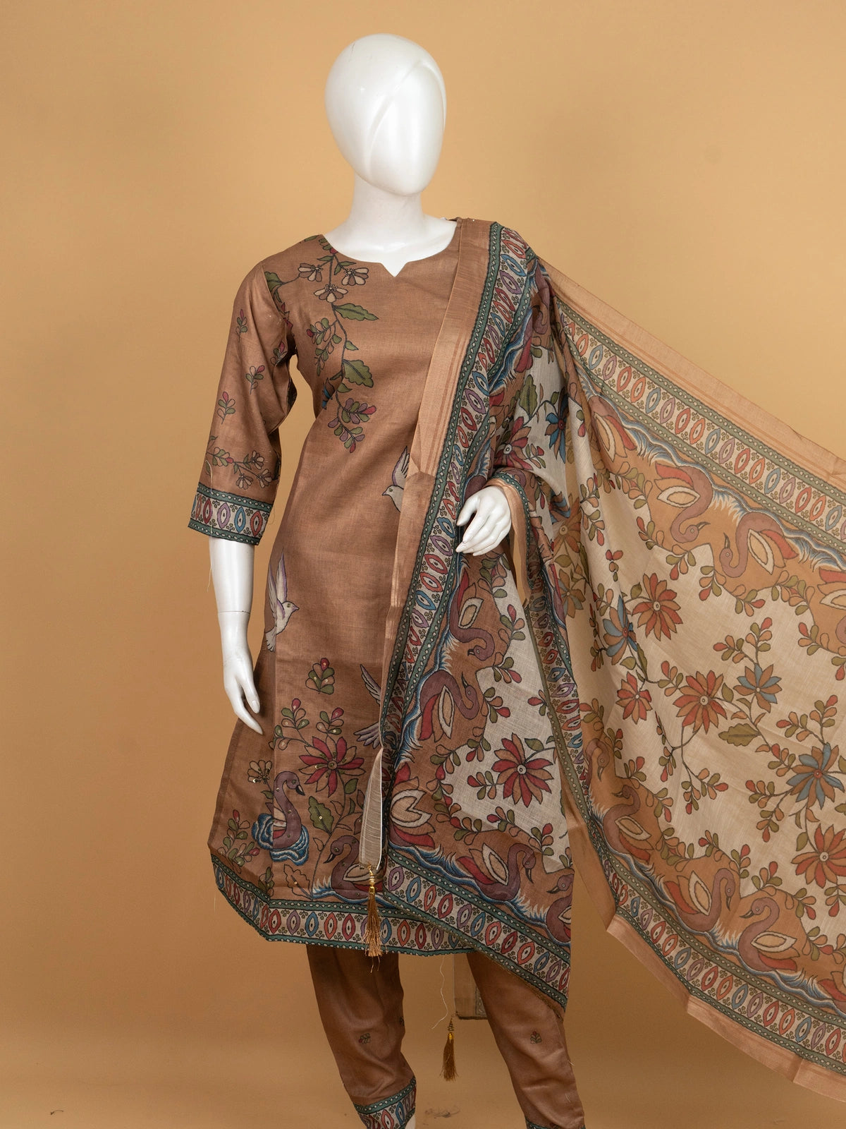 Brown Kalamkari bird print cotton straight cut kurti set with dupatta and pants