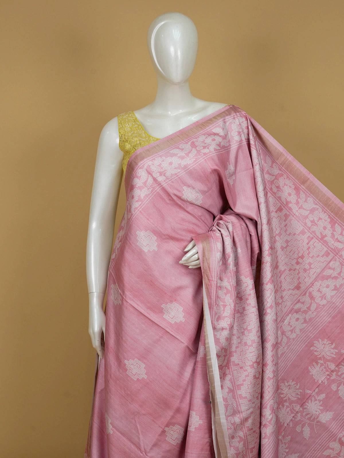 Rose pink Dola silk saree with white woven floral and geometric motifs and tissue border