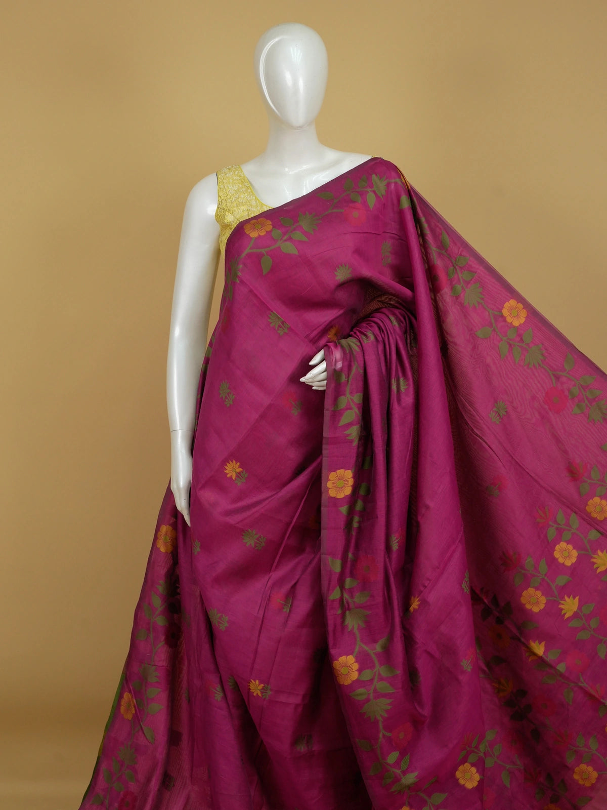 Magenta pink linen cotton saree with woven multicolour floral motifs and floral vine pallu