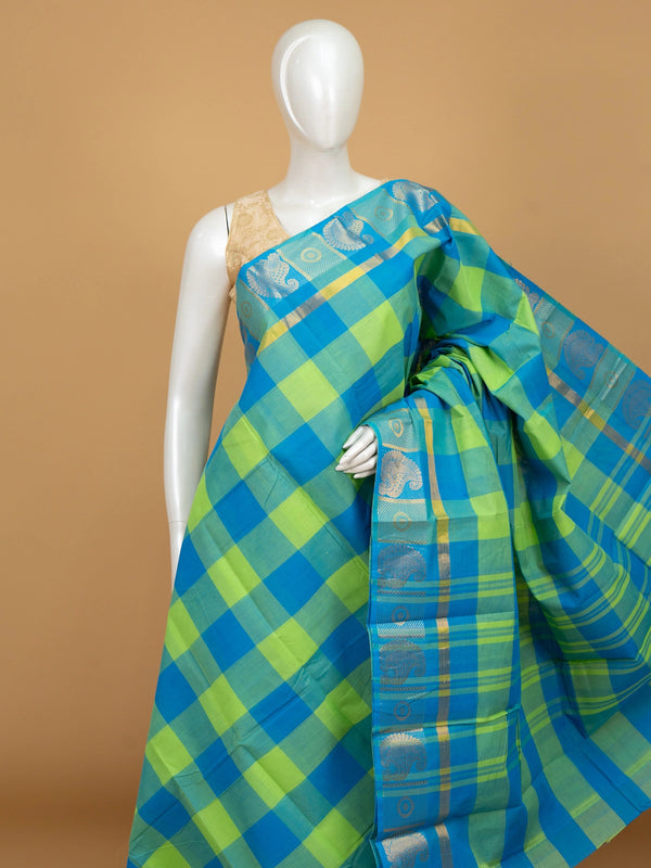 Blue and green checked Chettinad cotton saree with contrast blue zari paisley border