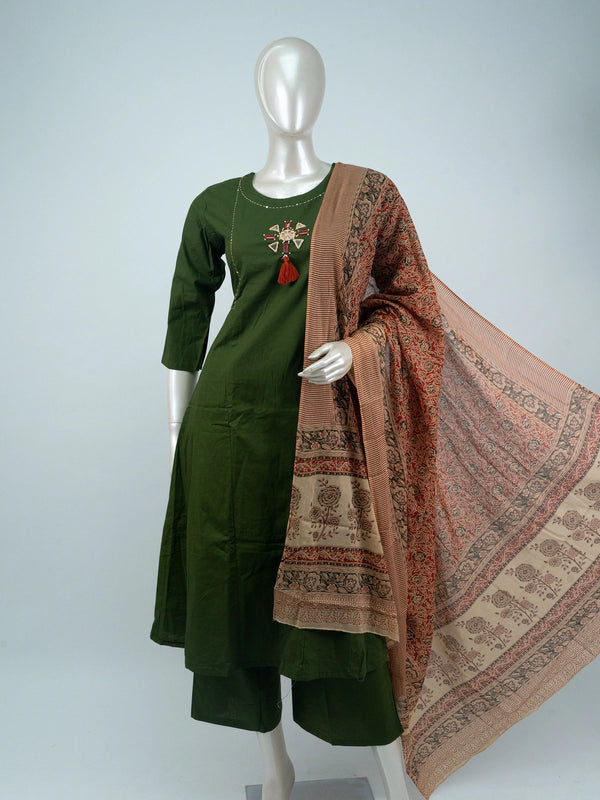 Mehendi green cotton mirror work Anarkali kurti set with rust printed dupatta and matching pants